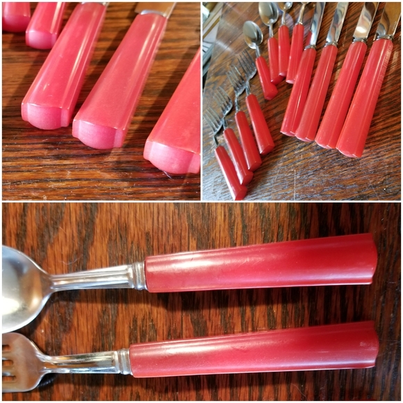 Vtg CARVED cherry red BAKELITE flatware for 4 - Picture 3 of 5